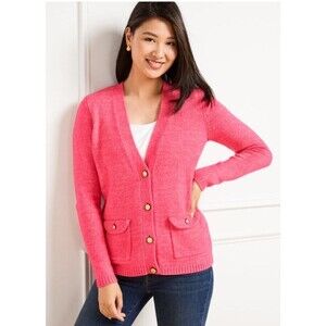 Talbots Honeysuckle Cardigan Flap Pockets V Neck Coral Button Front Sweater Sz L